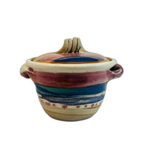 Studio Art Pottery Signed White Salmon Bowl w/ Lid Blue Pink Handle Dip Mixing